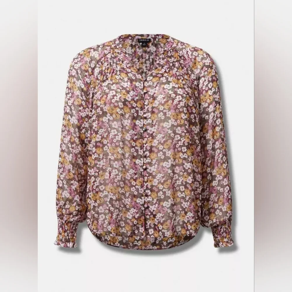 {Torrid} Crinkle Chiffon Smocked Blouson Sleeve Blouse - Picture 5 of 12